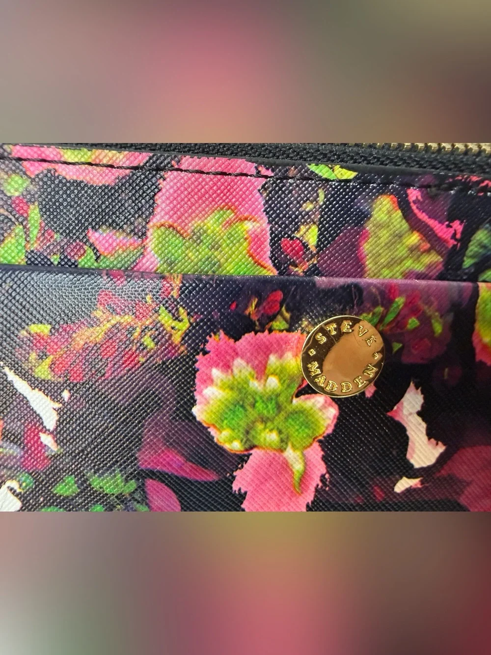 Steve Madden Black Floral Zip Wristlet with Pink and Green Accents